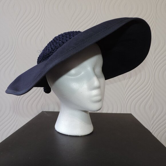 Vintage Antique Woman\'s wide stiff brim Navy Blue Hat with crochet crown main image 6